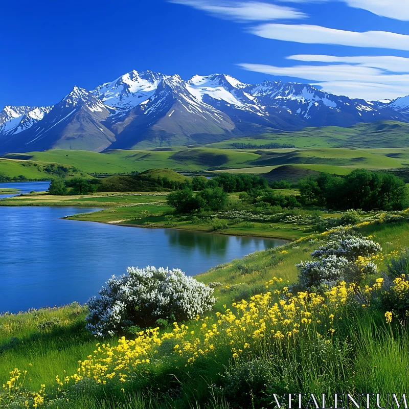 Serene Lake Surrounded by Wildflowers and Snowy Mountains AI Image