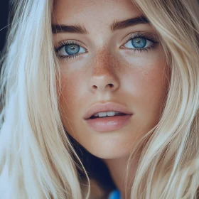 Blonde Woman with Freckles and Blue Eyes