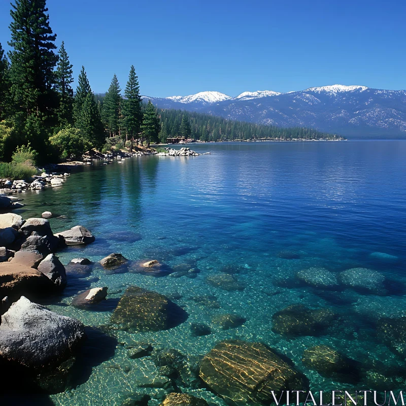 Clear Lake with Evergreen Shores and Mountain Views AI Image