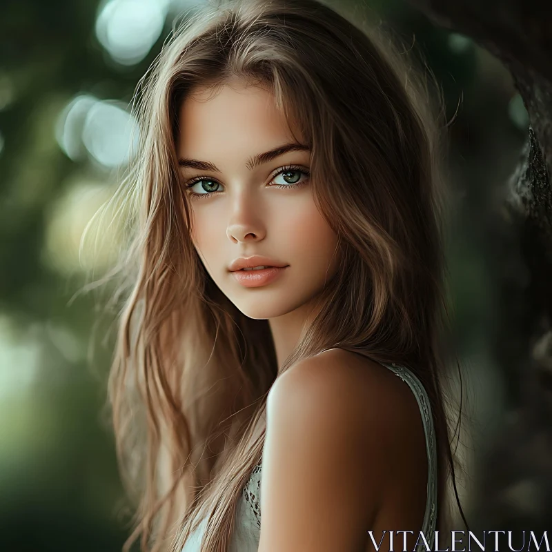 Captivating Green-Eyed Woman in Nature AI Image