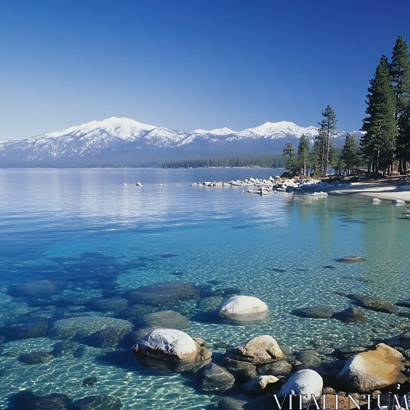 Nature Scene: Lake with Rocky Shore and Mountains AI Image