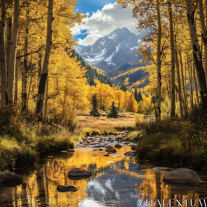 Scenic Autumn Stream with Aspens and Mountains AI Image