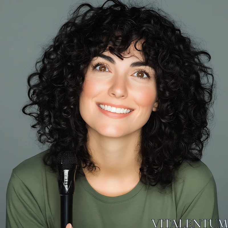 Smiling Woman with Dark Curly Hair Holding Microphone AI Image