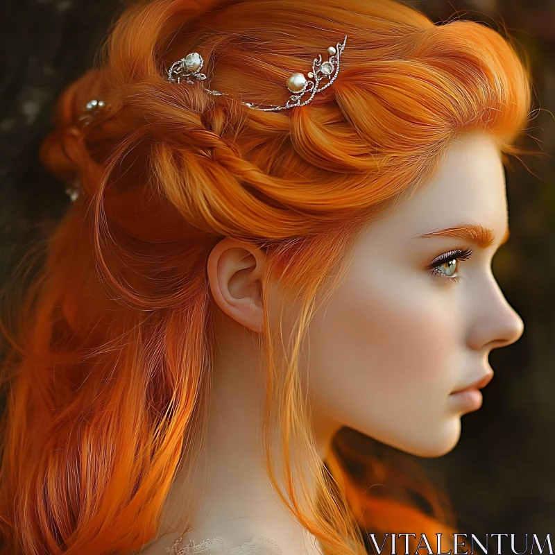 Profile of a Red-Haired Woman with Pearl Adorned Hair AI Image