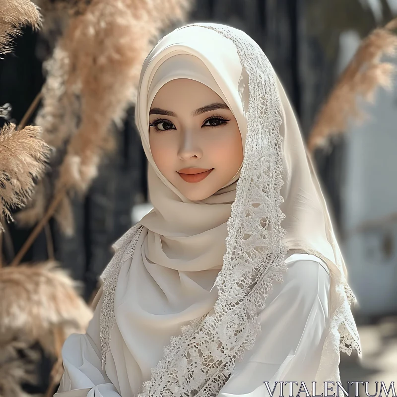 Graceful Portrait of Woman in Cream Hijab AI Image