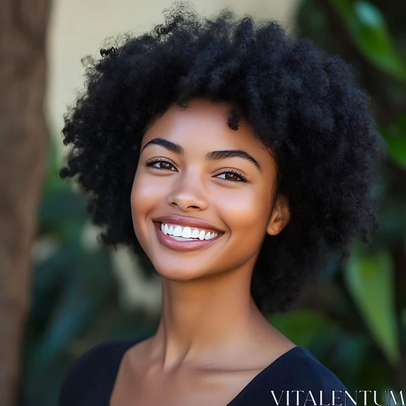 AI ART Portrait of a Smiling Woman with Natural Curly Hair in Outdoor Setting