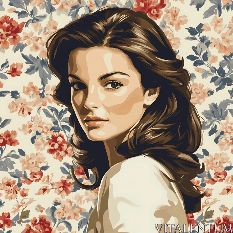 Young Woman Portrait Painting with Floral Design AI Image