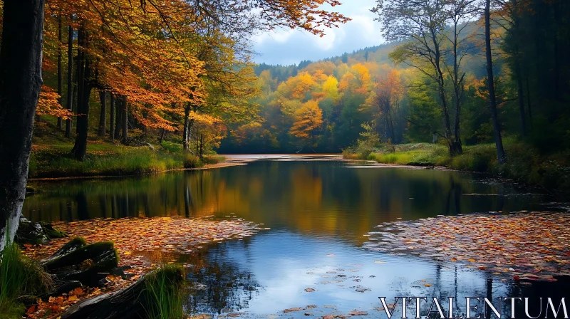 Peaceful Lake Scene with Autumn Colors and Reflections AI Image