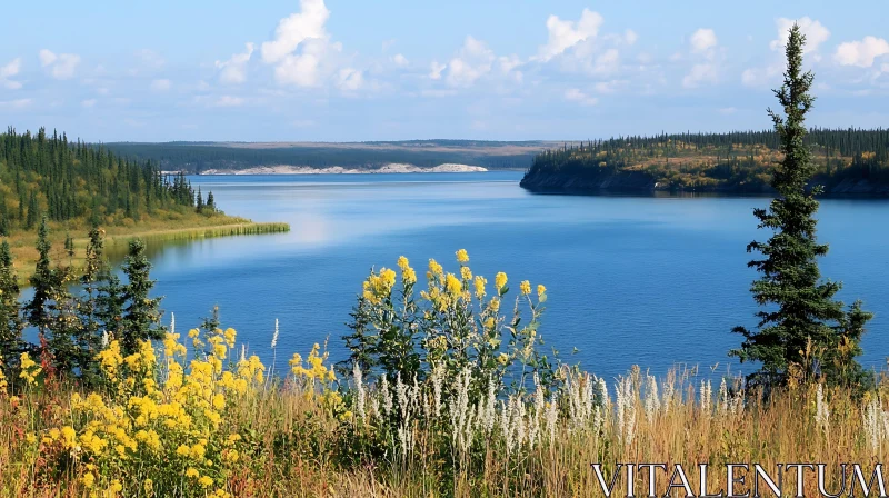 Scenic Lake with Wildflowers AI Image