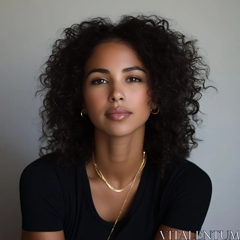 AI ART Curly-Haired Woman with Gold Earrings and Necklaces