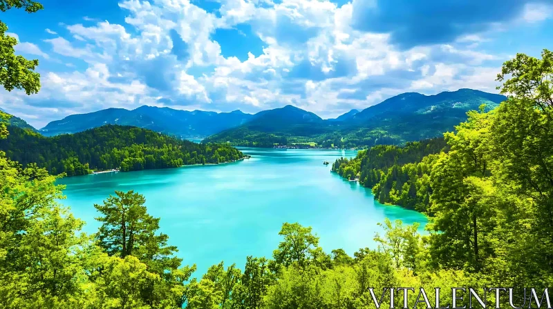 Serene Lake with Green Forest and Mountain Background AI Image