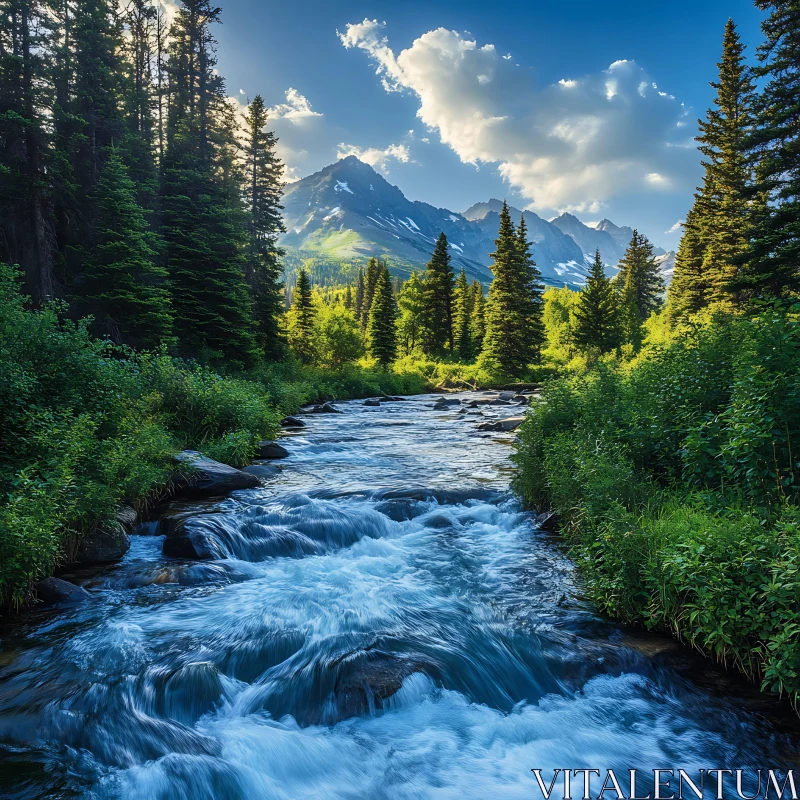 Tranquil Forest River with Mountain Backdrop AI Image