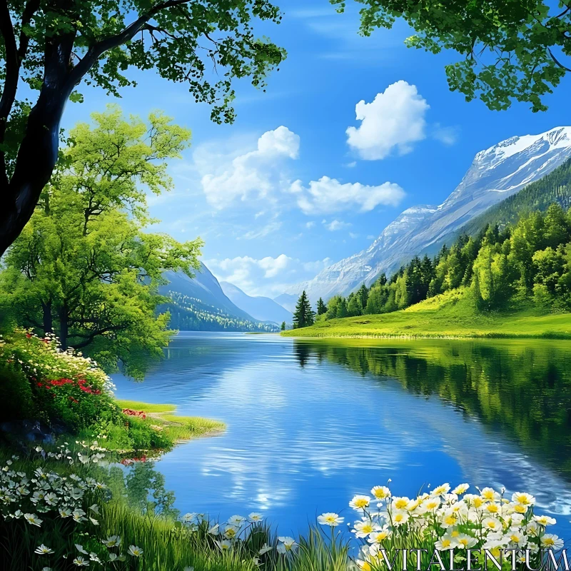 Tranquil Lake Scene with Mountains and Wildflowers AI Image