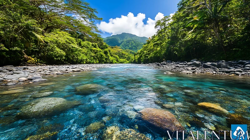 Tranquil River Flowing Through Forest with Mountain View AI Image