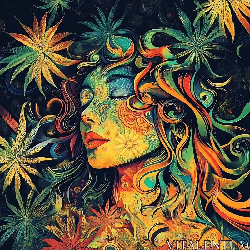 Dreamlike Woman with Swirly Leaves in Psychedelic Art AI Image