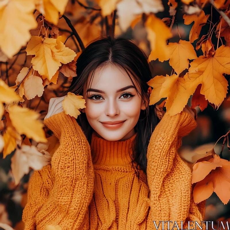 Autumnal Woman Portrait with Orange Leaves and Sweater AI Image