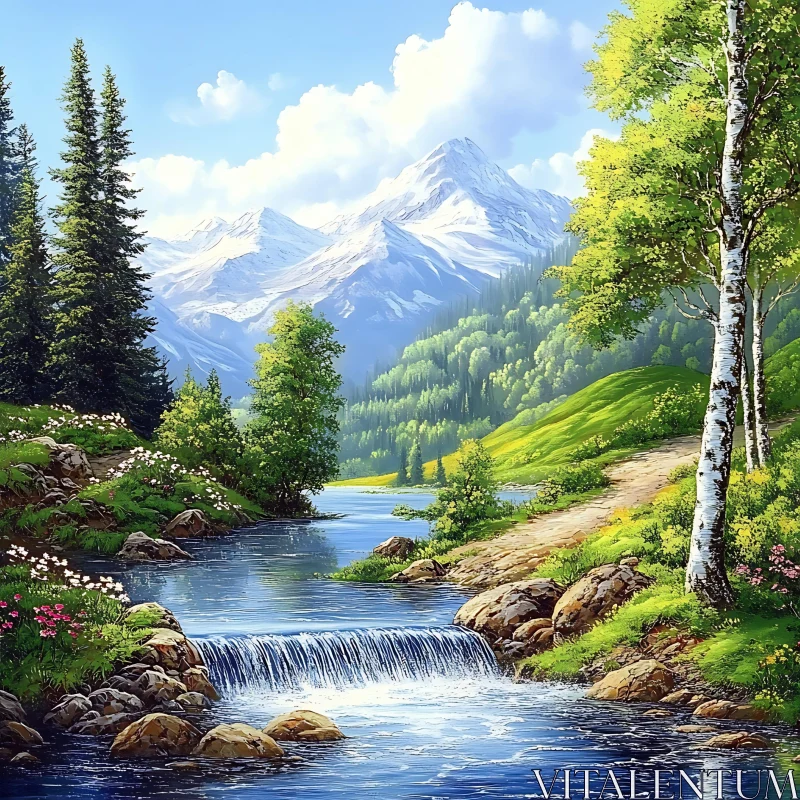 Serene Forest Stream with Mountain Backdrop AI Image