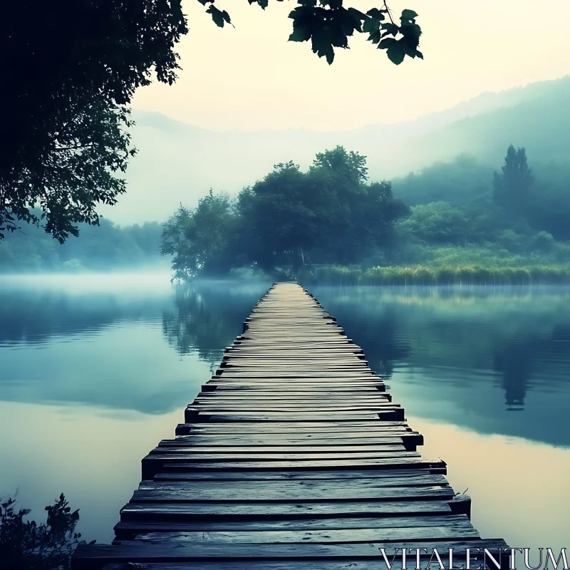 Peaceful Pathway Across a Misty Lake AI Image