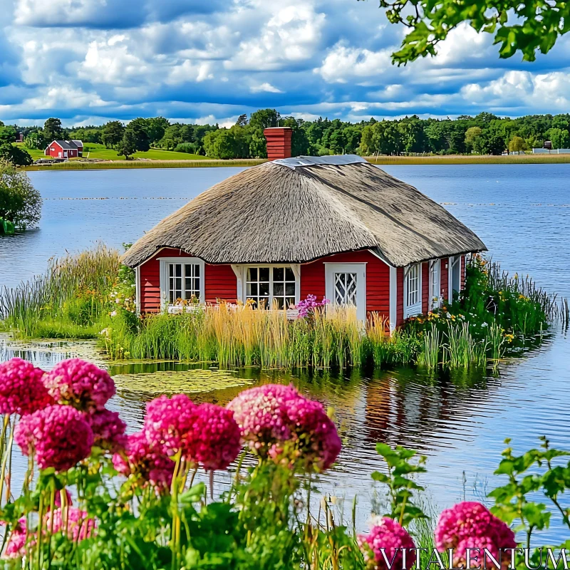 Scenic Island Cottage Amidst Blooming Flowers AI Image