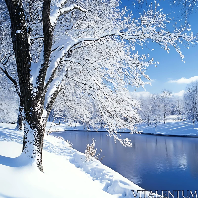 Peaceful Snowy Riverbank Scene AI Image