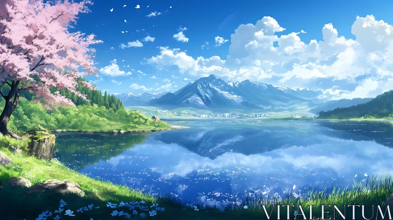 Peaceful Lake with Mountain Reflection and Spring Blossoms AI Image