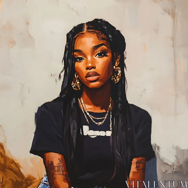 Digital Painting of Stylish Woman with Braids and Gold Jewelry AI Image