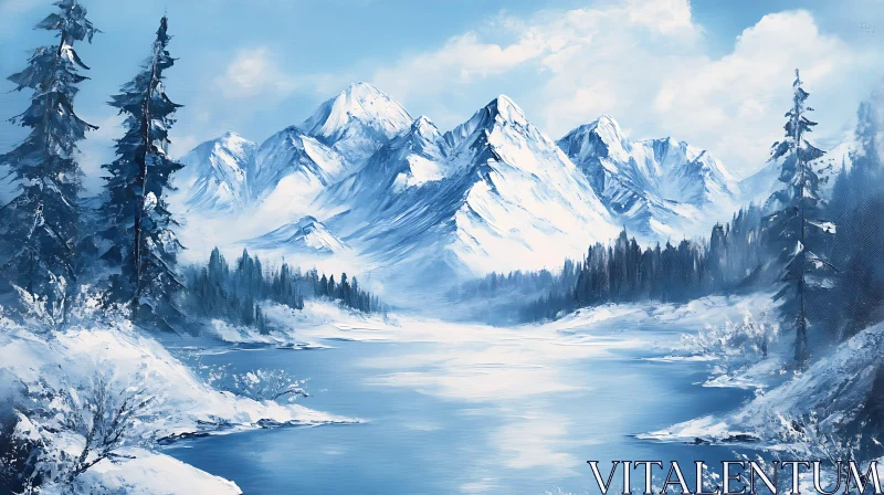 Winter Wonderland with Snow-Covered Peaks and Calm Lake AI Image