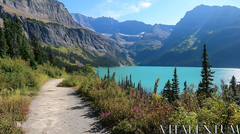 Mountain Path Leading to Turquoise Lake Amidst Rocky Cliffs AI Image