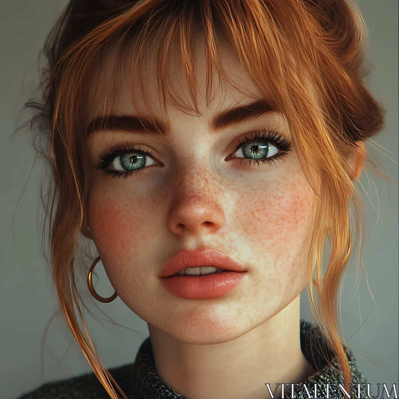 Blue-Eyed Ginger-Haired Woman with Freckles AI Image