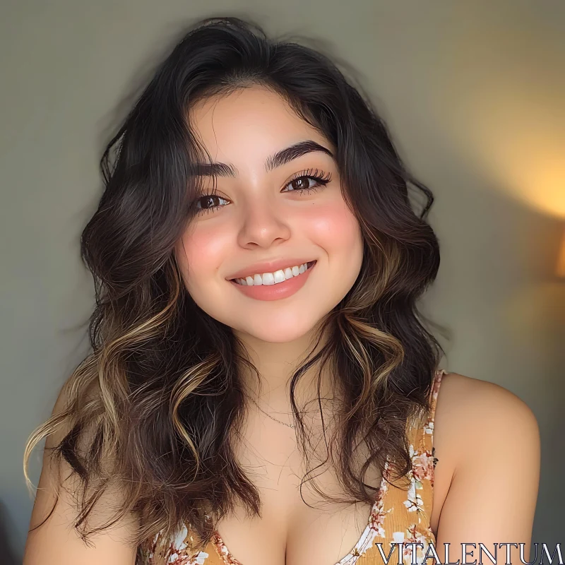 Wavy-Haired Woman's Smiling Portrait AI Image