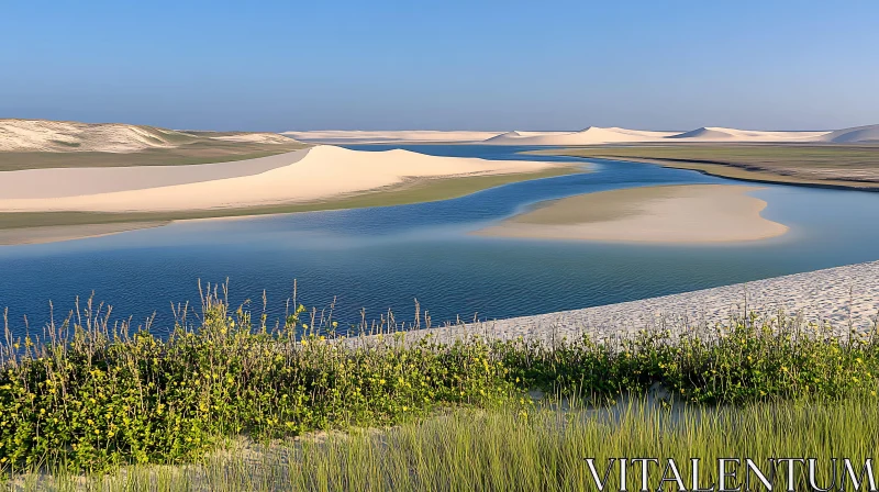 Peaceful Scene of a River Amidst Sand Dunes and Blue Sky AI Image