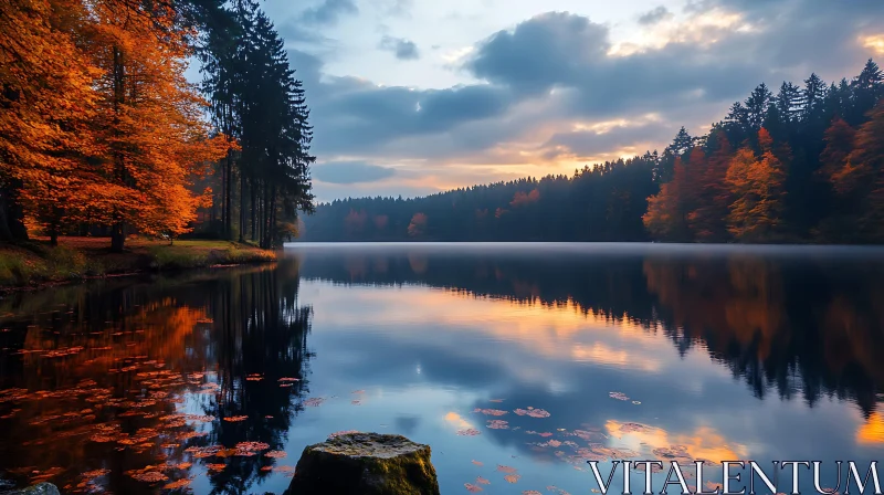 Tranquil Forest Lake at Sunset in Autumn AI Image