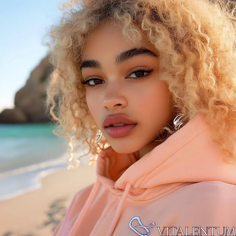 Curly Haired Woman by the Sea AI Image