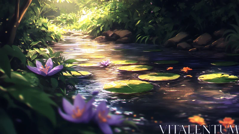 Stream with Flowers and Lilypads AI Image