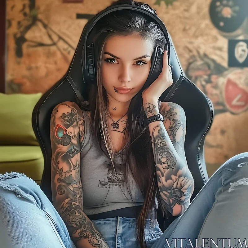 Artistic Portrait of a Tattooed Woman with Headphones AI Image