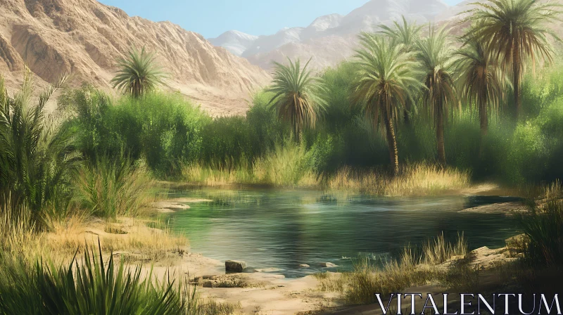 Desert Oasis with Tropical Vegetation and Calm Waters AI Image