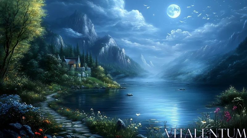 Tranquil Night by a Moonlit Lake and Cozy Cottage AI Image