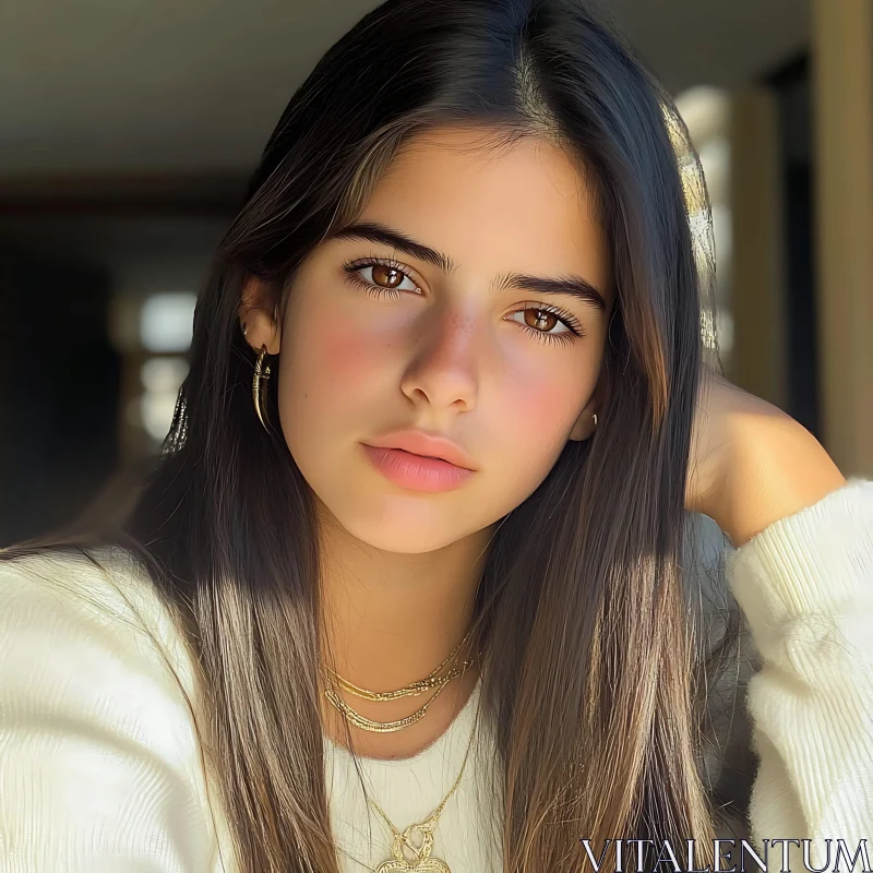 Close-Up of Woman with Gold Jewelry in Soft Sunlight AI Image