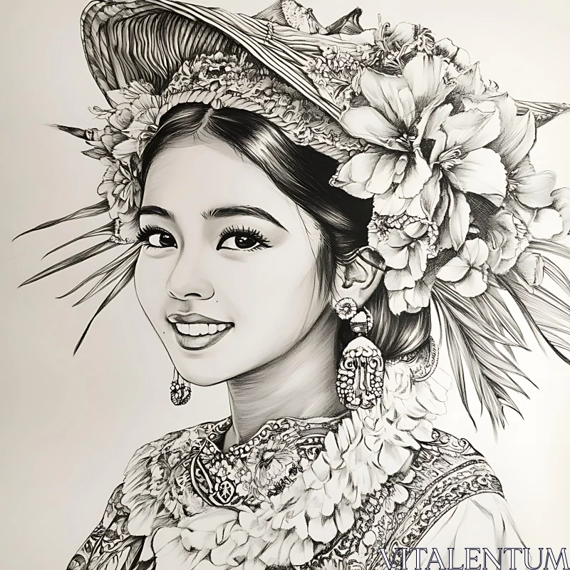 Elegant Woman in Floral Adorned Hat: Monochrome Illustration AI Image