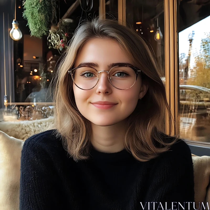 Smiling Woman with Glasses in a Café AI Image