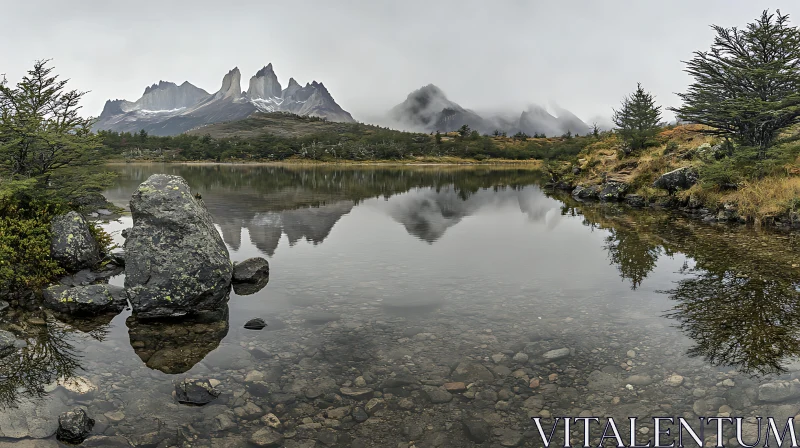 Majestic Cloud-Covered Mountain Reflections in Tranquil Lake AI Image