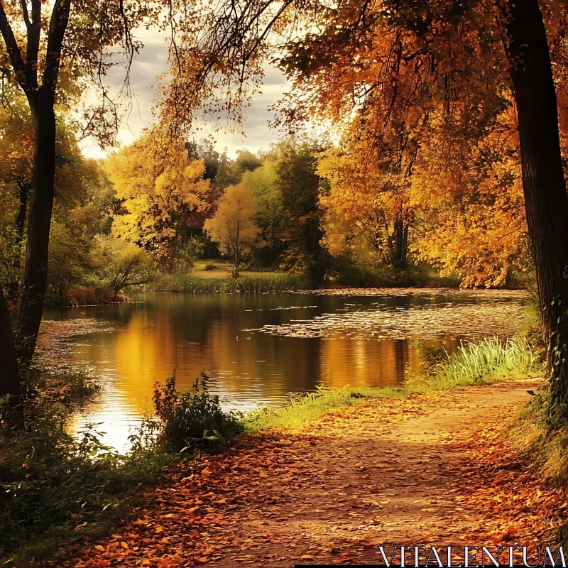 Serene Fall Landscape with Reflective Lake AI Image