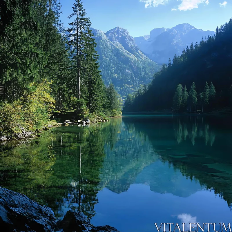 Tranquil Lake Scene with Forest and Mountain Views AI Image