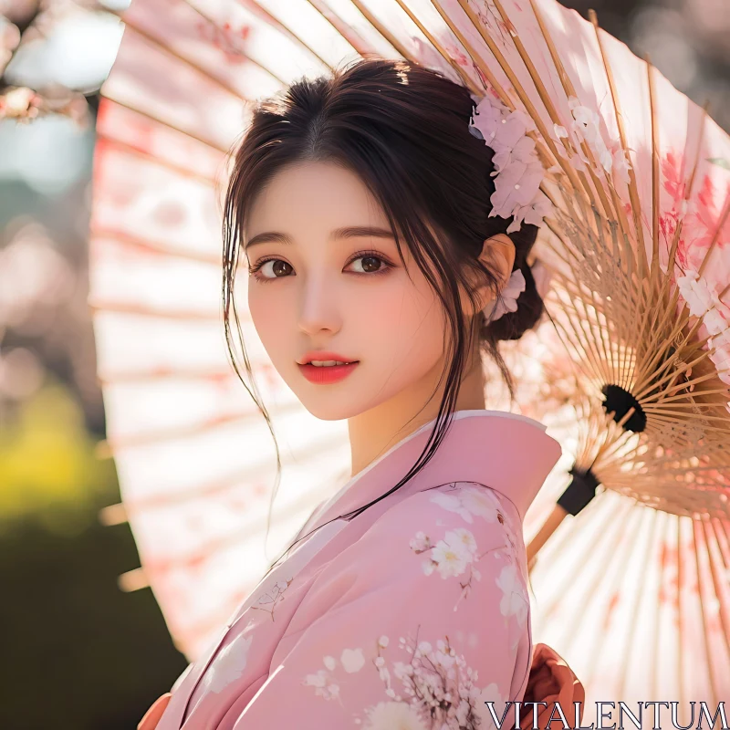 Elegant Woman in Kimono with Traditional Parasol AI Image