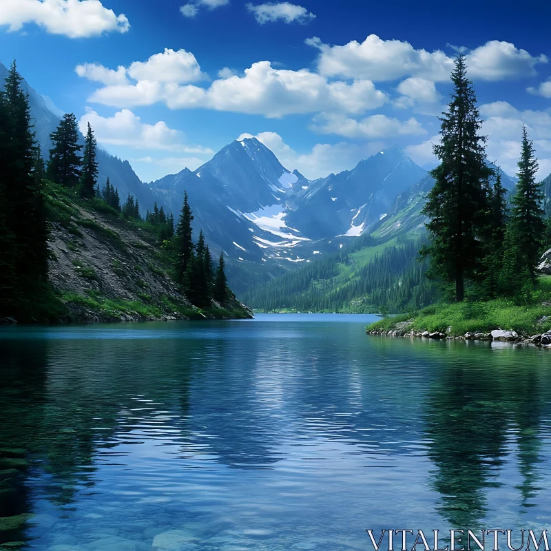 Peaceful Mountain Lake Scene with Forest and Clear Waters AI Image