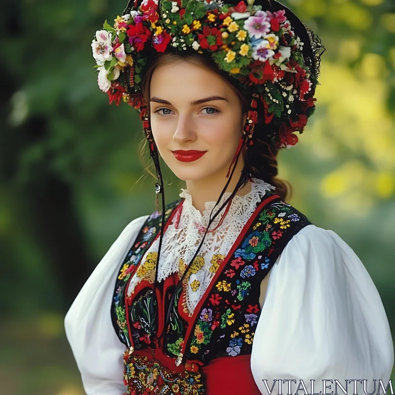 Woman in Traditional Embroidered Dress and Floral Headpiece AI Image