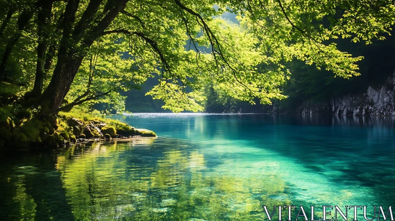 Serene Lake Scene with Sunlit Reflections AI Image