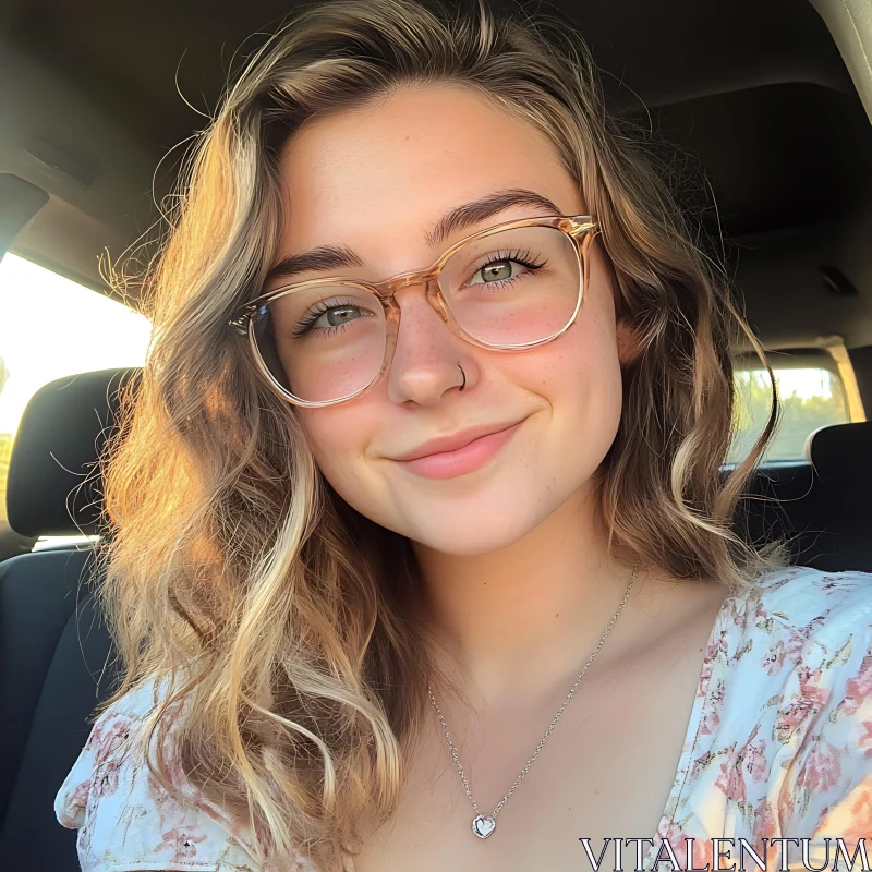 Smiling Blonde Woman in Car at Sunset AI Image