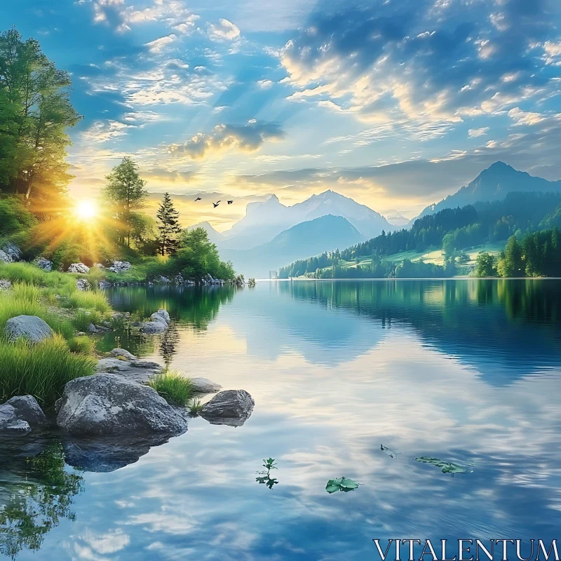 Tranquil Morning Lake with Mountain Backdrop AI Image