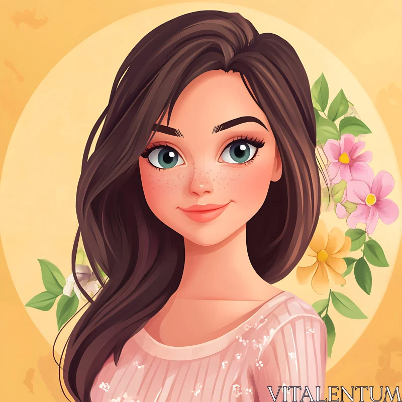 Illustrated Portrait of a Woman with Flowers AI Image